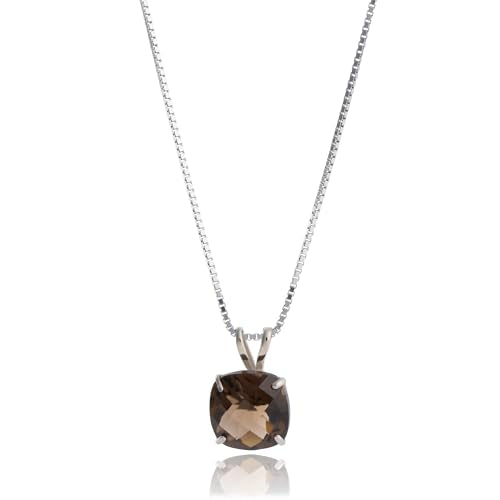 MAX + STONE Cushion Cut Gemstone Necklace | 8mm Solitaire Birthstone Necklace for Women | Gemstone Pendant Necklaces with 18 inch Box Chain - color: Smoky Quartz