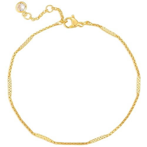 BENEIGE Women Bracelet 14K Gold Plated Paperclip Satellite Bead Ball Oval Cuba Cable Box Chain Daily Charm Layered Link Silver Bracelets Adjustable Jewelry - style: Chain Flat Box