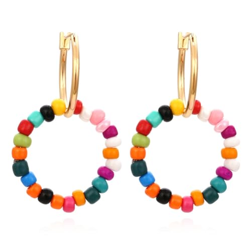 Bohemian Color Blocked Wooden Bead Earrings Simple Geometric Handmade Dangle Drop Earrings For Women