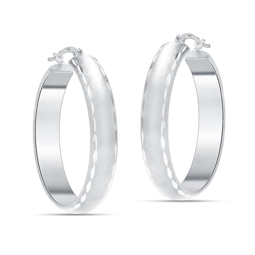 LeCalla 925 Sterling Silver Hoop Earrings for Women | 14K Gold-Plated & Rose Gold-Plated Diamond-Cut Hoop Earrings | Textured Click-Top Hoops Earring Jewelry - color: Silver Textured DC-30MM