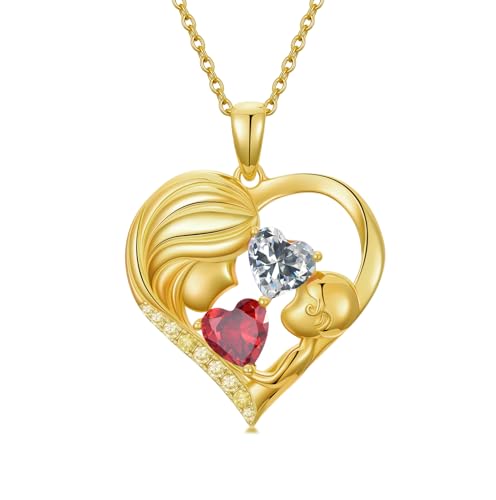Mothers Day Gifts 14K Yellow Gold Mother Daughter Heart Pendant Necklace with 12 Months Birthstone Birthday Gifts for Mom Anniversarry Jewelry for Mom Wife Girlfriend - color: 01-04-Jan-Apr Birthstone
