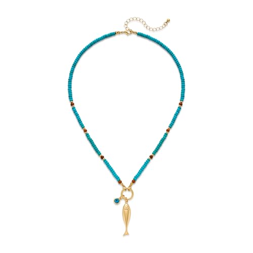 Gold Fish Necklace For Women Blued Beaded Strand Toggle Necklace With Gold Fish Pendants Dainty Summer Beach Turquoise Jewelry - style: Cute Fish