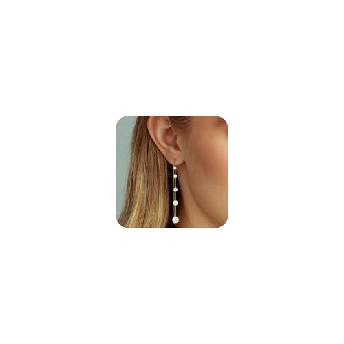 NECOCY Gold Dangle Earrings for Women Non Tarnish 14K Gold Plated Drop Wedding Hypallergenic Earring Dainty Long Hanging Chain CZ Pearl Threader Earrings Trendy Silver Plated Jewelry for Women - style: Gold&Style1