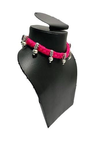 athizay Boho Charm Thread Choker Necklace – Braided Bohemian Choker with Oxidized Silver Dangle Charms | Handmade Boho Jewelry for Women - color: Pink, Silver
