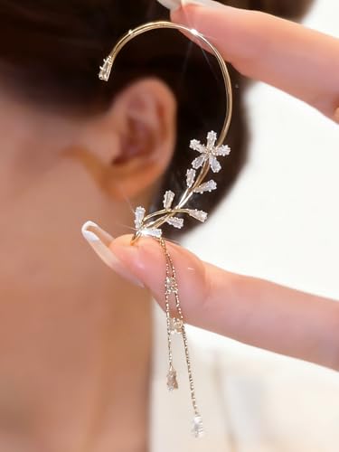 2PCS Ear Cuff Earrings for Women No Piercing Flower Climber Wrap Around Earrings Crawler Rhinestone Wrap Earring Fairy Ear Clip Jewelry Gifts - color: gold