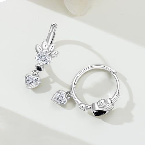 925 Sterling Silver Dangle Earrings for Women, Butterfly&Bee Animals Design, Hypoallergenic Jewelry gifts - color: Black and white paw print heart-shaped earrings