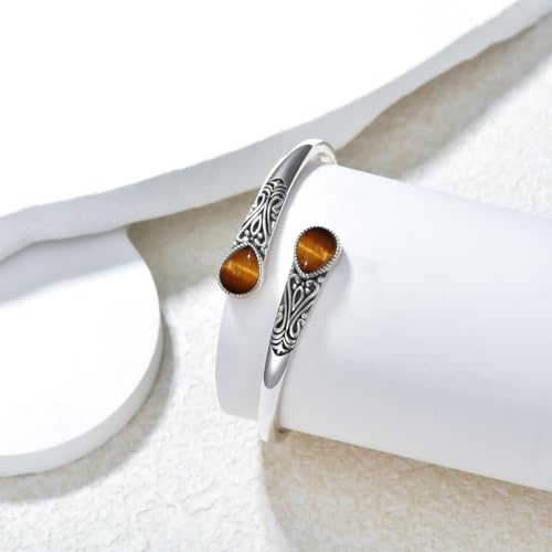 925 Sterling Silver Genuine Gemstone Bracelet for Women Men Handmade Adjustable Boho Navajo Style Bangle Cuff Natural Stone Jewelry Gift - color: Tiger Eye