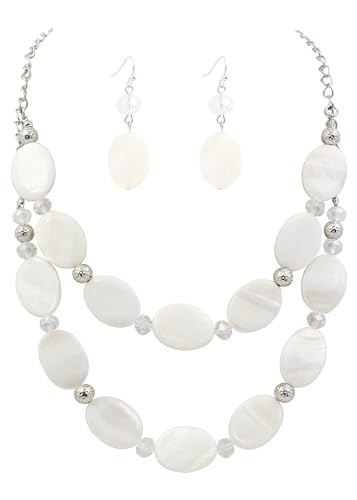 2 Layered Chunky Beaded Shell Necklace for Women Sea Shell blue/yellow/red/green/turquoise/teal/white Statement Necklace and Earring Set Elegant Women Necklace Set Jewelry Sets for Women - color: White