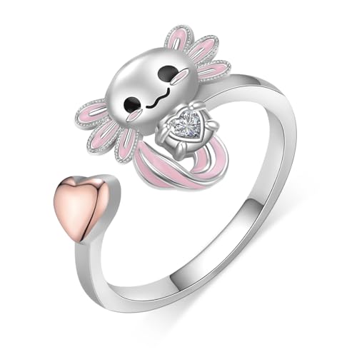 Axolotl Rings 925 Sterling Silver Axolotl Ring Cute Axolotl Jewelry Gift for Women Girls Daughter - color: April