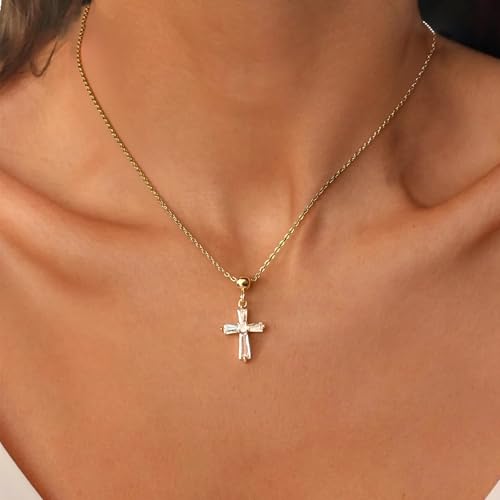 14K Gold Plated Cross Pendant Necklaces for Women Trendy, Dainty Choker CZ Cross Necklace Non Tarnish,Simple Tiny Cross Necklace for Jewelry Gifts - style: T-Crystal Gold