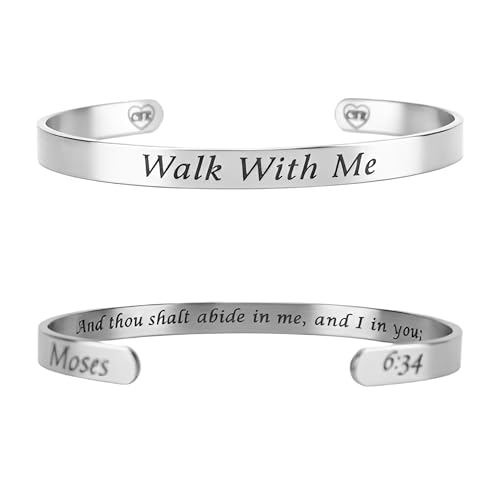 Walk With Me Stainless Steel Cuff Bracelet – Faith-Inspired Christian Jewelry with Scripture Engraving, LDS Daily Reminder Bracelet for Missionaries, Youth & Adults