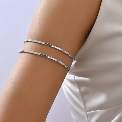Silver Arm Cuff for Women Open Adjustable Armband Stackable Upper Arm Bracelet Bangle Minimalist Summer Beach Cuff Jewelry - color: Silver Arm Cuss AB