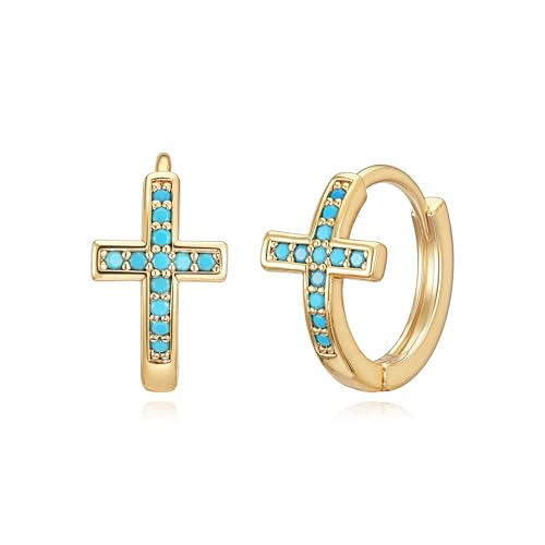 MEVECCO Cross Hoop Earrings 14K Gold Plated Dainty Minimalist Simple Small Faith Cross Huggie Earrings For Women Symbol of Protection Faith Jewelry Gift - style: Tur-Cross