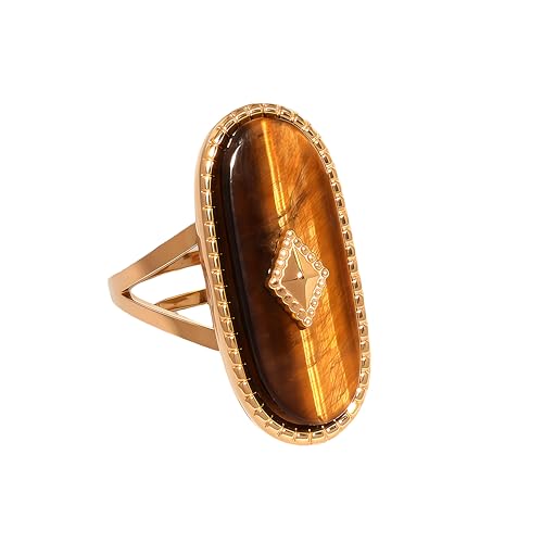 Tigers Eye Ring, Adjustable Stainless Steel Natural Stone Rings for Women, Vintage Chunky Gold Jewelry