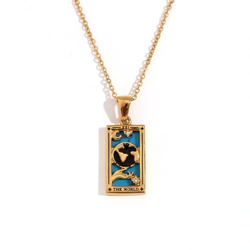 ORIGENCE 18k Gold Plated Tarot Cards Pendant Necklace - Vintage Colorful Charm Necklace Lucky Talisman Hypoallergenic for Women and Men Gift - style: The World-New
