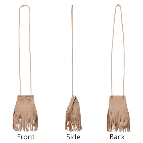 Women Leather Fringe Messenger Bag Mini Hobo Crossbody Tassel Shoulder Bags - color: Solid-khaki