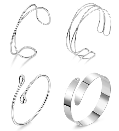 4Pcs Upper Arm Cuff for Women Open Adjustable Arm Bracelets Minimalist Coil Arm Armband Set - style: Silver-Style B