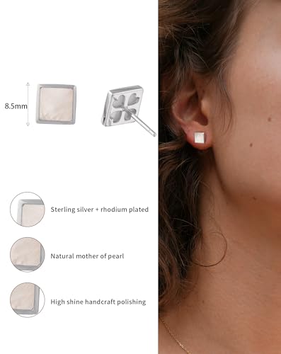 S.Leaf Gold Stud Earrings for Women Sterling Silver Gold plated Hypoallergenic Shell Mother of Pearl Post Earrings for Women Birthday Gifts - color: C02_Shell_7mm_Silver