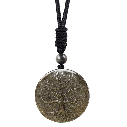 Obsidian Tree of Life Necklaces Orgonite Healing Crystal Stone Pendant Necklace for Spiritual Healing and Meditation Energy Talisman Sacred for Men Women - color: Gold Sheen Obsidian 1