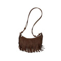 Women's Vegan Suede Fringe Crossbody Bag, Boho Crescent Shoulder Crossbody Purse, Retro Tassel Hippie Small Handbag Tote - color: Coffee