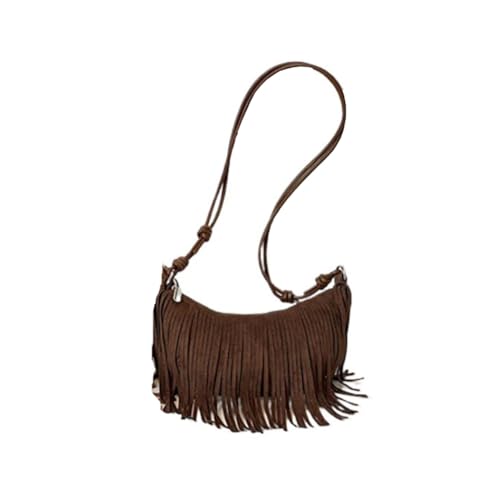 Women's Vegan Suede Fringe Crossbody Bag, Boho Crescent Shoulder Crossbody Purse, Retro Tassel Hippie Small Handbag Tote - color: Coffee