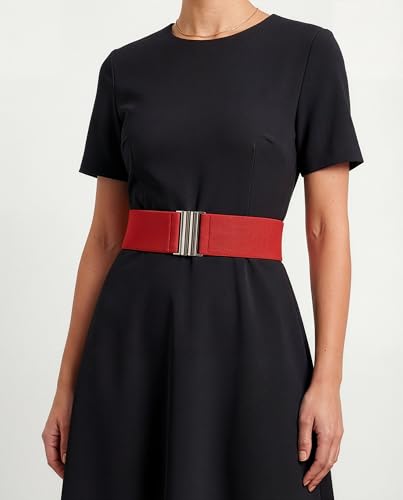 BlackButterfly Wide Elastic Waist Cinch Stretch Waistband Retro Vertical Clasp Buckle Belt - color: Red, size: Small