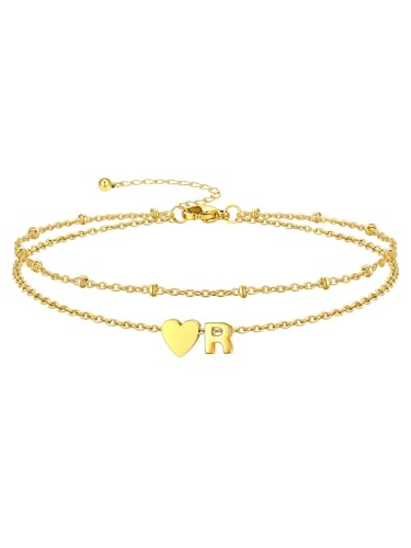 Silvora Ankle Bracelets for Women Waterproof 14K Gold/Silver/Black Initial Anklet for Women Dainty Layered Heart Ankle Bracelets Stainless Steel Adjustable Foot Chain Anklet Summer Beach Jewelry - color: Gold-14K Gold Plated, size: 18.R