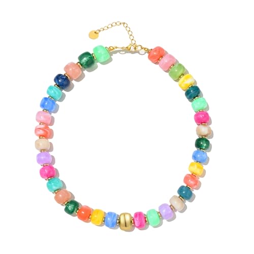 Chunky Beaded Statement Necklace for Women Trendy Colorful Boho Resin Bead Choker Necklaces Summer Handmade Jewelry Gifts Accessories - color: Gold-Colorful 1