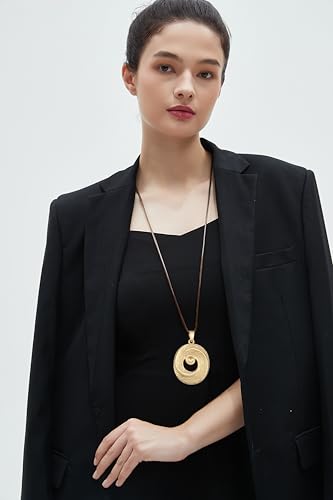 GelConnie Leather Necklace for Women Round Wooden Pendant Long Leather Choker Vintage Sweater Necklace Gold Chunky Boho Necklaces for Women - style: Gold Circles Pendant