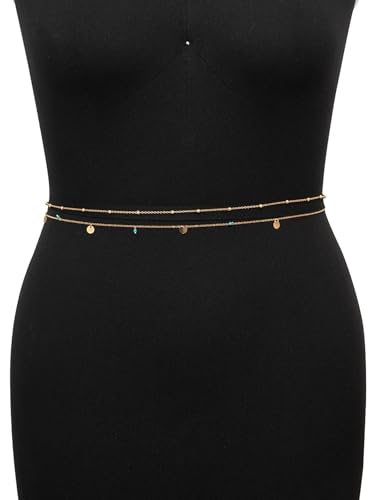 MODRSA Gold Body Chain Jewelry for Women Back Necklace for Backless Dress Backdrop Pearl Rhinestone Belly Chain Waist Chains Bra Chains Lingerie Summer Bikini Bodychain Trendy Sexy Stomach Jewelry - color: C2- Waist chain - blue beads gold