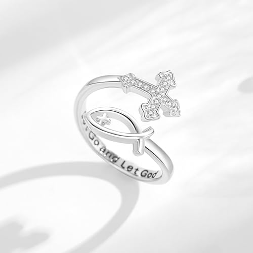 Vito 925 Sterling Silver Adjustable Open Spoon Ring for Women Men, Lotus Sunflower Snake Spoon Band Rings Feather Hug Witches Knot Inspirational Jewelry Gift for Wife - style: Jesus Fish-Silver