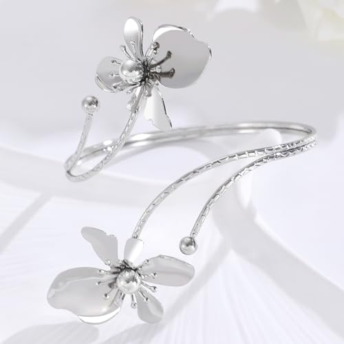 Arm Cuff Jewelry for Women Adjustable Flower Cuff Bangle Bracelet Gold Armband Upper Jewelry Gifts for Women Boho Western Accessories - color: B2:silver flower
