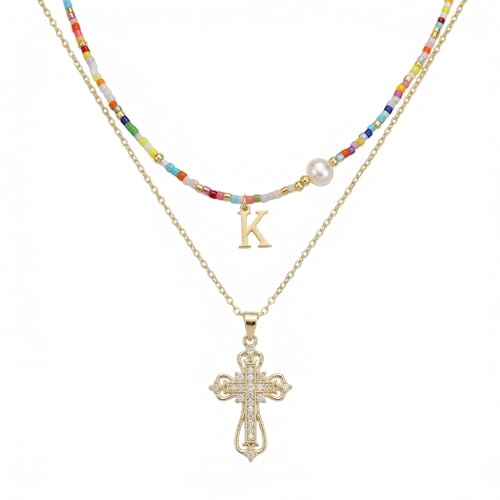 Colorful Pearl Beaded Initial Choker Necklaces for Women, Boho Handmade Personalized Seed Beads Letter Name Necklace Beach Surfer Bohemian Jewelry Gift - color: Cross K