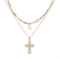 Colorful Pearl Beaded Initial Choker Necklaces for Women, Boho Handmade Personalized Seed Beads Letter Name Necklace Beach Surfer Bohemian Jewelry Gift - color: Cross K