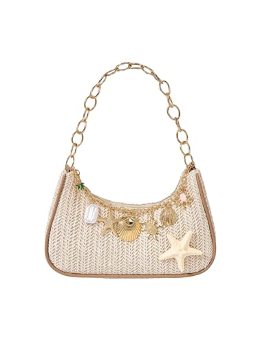 MakeMeChic Women's Straw Beach Purse Seashell Beaded Shoulder Handbags Summer Vacation Bags - color: Multicolor Starfish