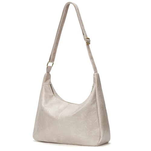 Brown Shoulder Bag for Women,Brown Leather Purse Slouchy Hobo Bags Everyday Purse Daily Commuting Bag with Zipper - color: White
