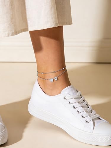 FindChic Silver/14K Gold Plated Layered CZ Initial Ankle Bracelet for Women | Waterproof Stainless Steel, Cubic Zirconia Letter Charm, Non-Tarnish, Hypoallergenic, Adjustable Extender, Summer Jewelry - color: Silver-CZ Heart, size: O