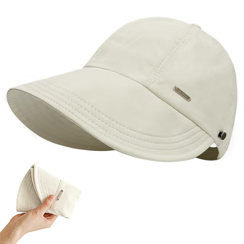 huablo]UPF 50+Womens Sun Hat UV Protection Hiking Fishing Hats Wide Brim Hat Adjustable Ponytail Packable Sun Cap - color: Beige