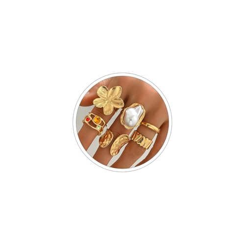 Chunky Gold Rings for Women Non Tarnish Statement Flower Ring Baroque Pearl Stackable Rings Set 6Pcs Chunky Jewelry - color: Gold