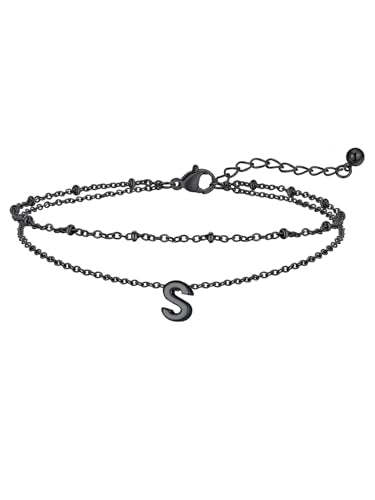 FaithHeart Initial Ankle Bracelets for Women, Waterproof 14k Gold Plated Initial Anklets Non Tarnish Stainless Steel Cute Layered Anklet Summer Beach Jewelry - color: Black, size: Initial S