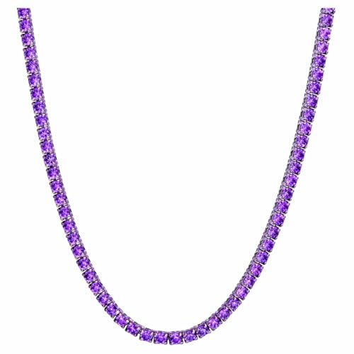 Savlano 18K Gold Plated Cubic Zirconia Round 4.5MM Classic Tennis 18 Inches Chain Necklace For Women & Men Comes With a Gift Box - color: White Gold-Purple CZ