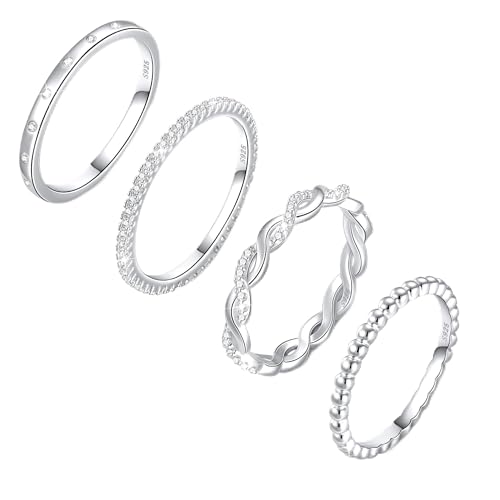 Sterling Silver Ring for Women, 4PCS Thin Stackable Rings Cubic Zirconia Thumb Ring Set Engagement Statement Wedding Bands for Women Size 5-10 - color: Twist band set, size: 8 (Circum 57mm)