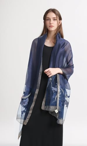 Jeelow Silk Blend Floral Fashion Scarf Shawl Wrap Lightweight Sheer For Women Floral Embroidery Wedding Party Prom - color: Blue Graffiti