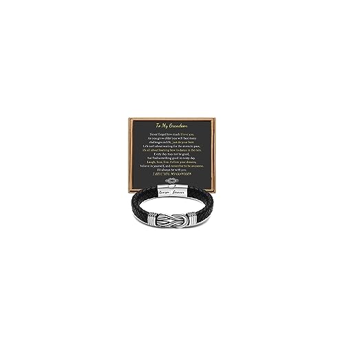 Gift for Men Black Braided Leather Infinity Bracelet for Men Dad Husband Boyfriend Son Grandson Brother Nephew Uncle Forever Linked Together Stainless Steel Engraved with Love You Forever Jewelry 7.5|8.5|9 Inches - color: To My Grandson-Never Forget how m