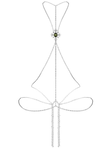 Paloli Gothic Cross Body Chain for Women – Silver Tone Adjustable Waist Body Jewelry, Vintage Filigree Y-Style Harness Necklace for Festival Party Outfit - style: Enchanted Green