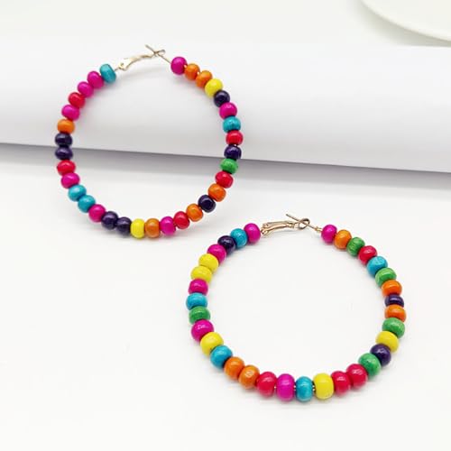 Bohemian Colorful Acrylic Resin Matte Beads Round Circle Hoop Drop Dangle Minimalist Chic Lightweight Earrings for Women Boho Geometric Beaded Statement Jewelry - color: mix