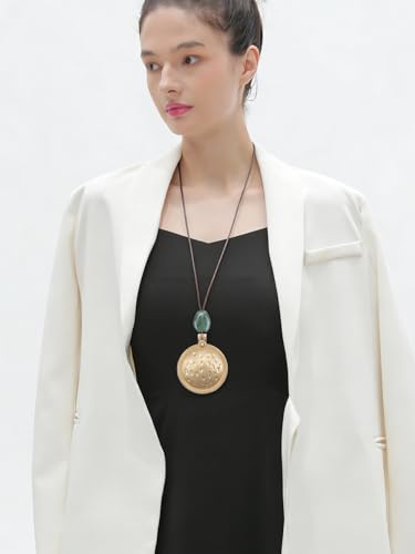 GelConnie Leather Necklace for Women Round Wooden Pendant Long Leather Choker Vintage Sweater Necklace Gold Chunky Boho Necklaces for Women - style: Boho Necklace Women Long