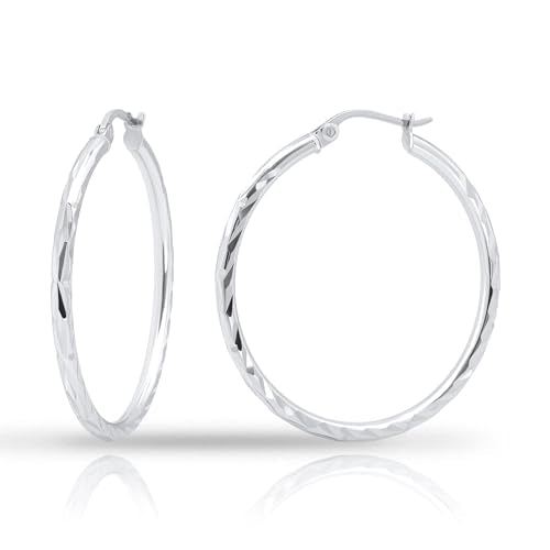 Hoops & Loops 925 Sterling Silver Diamond-Cut Hoop Earrings for Women, 2mm Textured Lightweight Click Top Hoops, 15mm 20mm 25mm 30mm, Silver 14k Yellow Gold & Rose Gold Flash Plated - color: Silver - 30mm (1.2'')