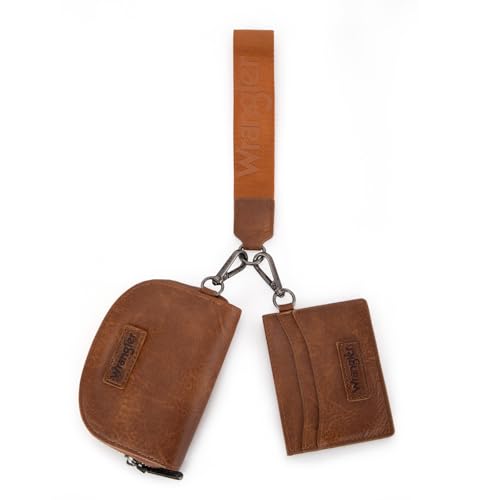 Wrangler KeyChain Wallet Wristlet Wallets for Women Dual Pouch Wristlet with Zipper Womens Credit Card Holder Wallet - color: A-Brown