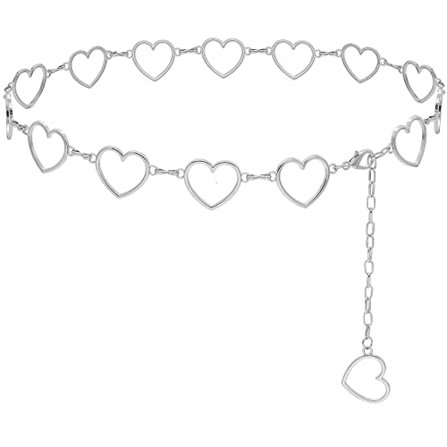 Long Tassel Waist Chain Belt for Women, Adjustable Metal Body Belly Belt Chain for Dress - color: Silver Heart, size: L: (Fit Waist 51.2in)